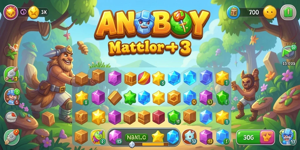 Gameplay ANOBOY yang penuh warna dan tantangan Match-3.