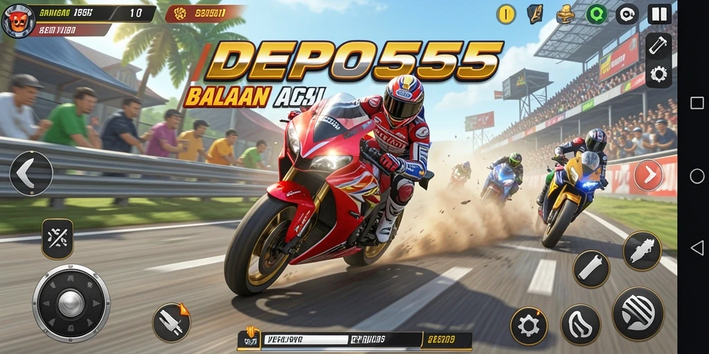 Screenshot DEPO555 menampilkan aksi balapan motor yang mendebarkan.