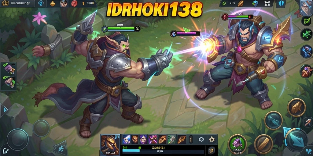 Tampilan gameplay yang mendebarkan dalam IDRHOKI138 dengan pertarungan MOBA.