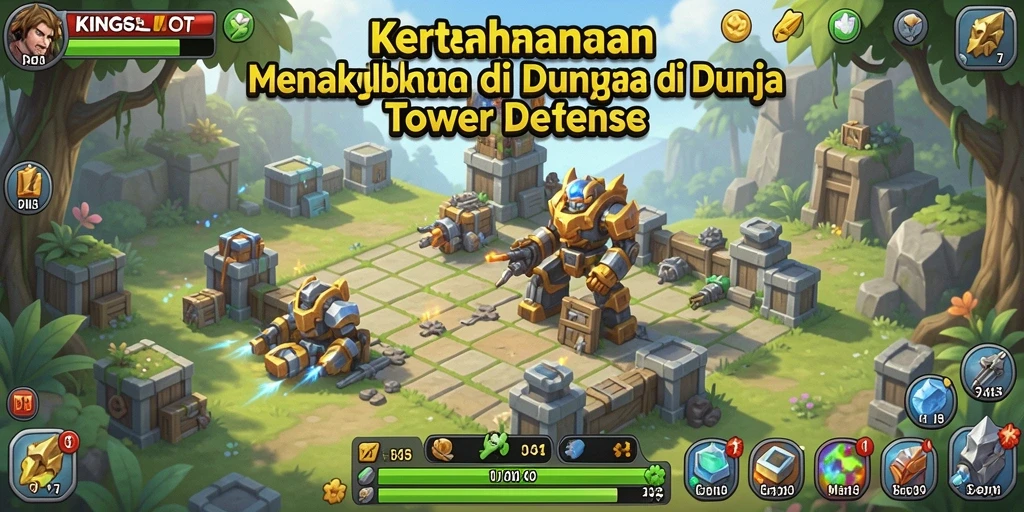 Gambar menampilkan pertempuran sengit dalam KINGSLOT di genre Tower Defense.