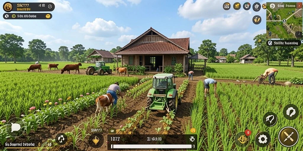 Screenshot utama SIA777 menunjukkan gameplay pertanian yang menarik dan interaktif.