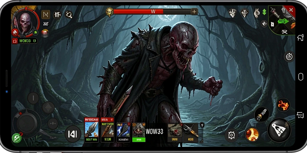 Screenshot WOW33 menunjukkan karakter berjuang melawan kegelapan.